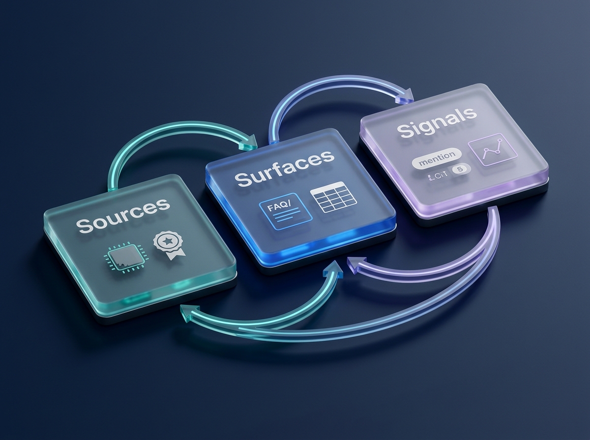 Photorealistic glass tiles labeled Sources, Surfaces, and Signals connected by glowing arrows in brand blues and teals, illustrating the 3S Model feedback loop.