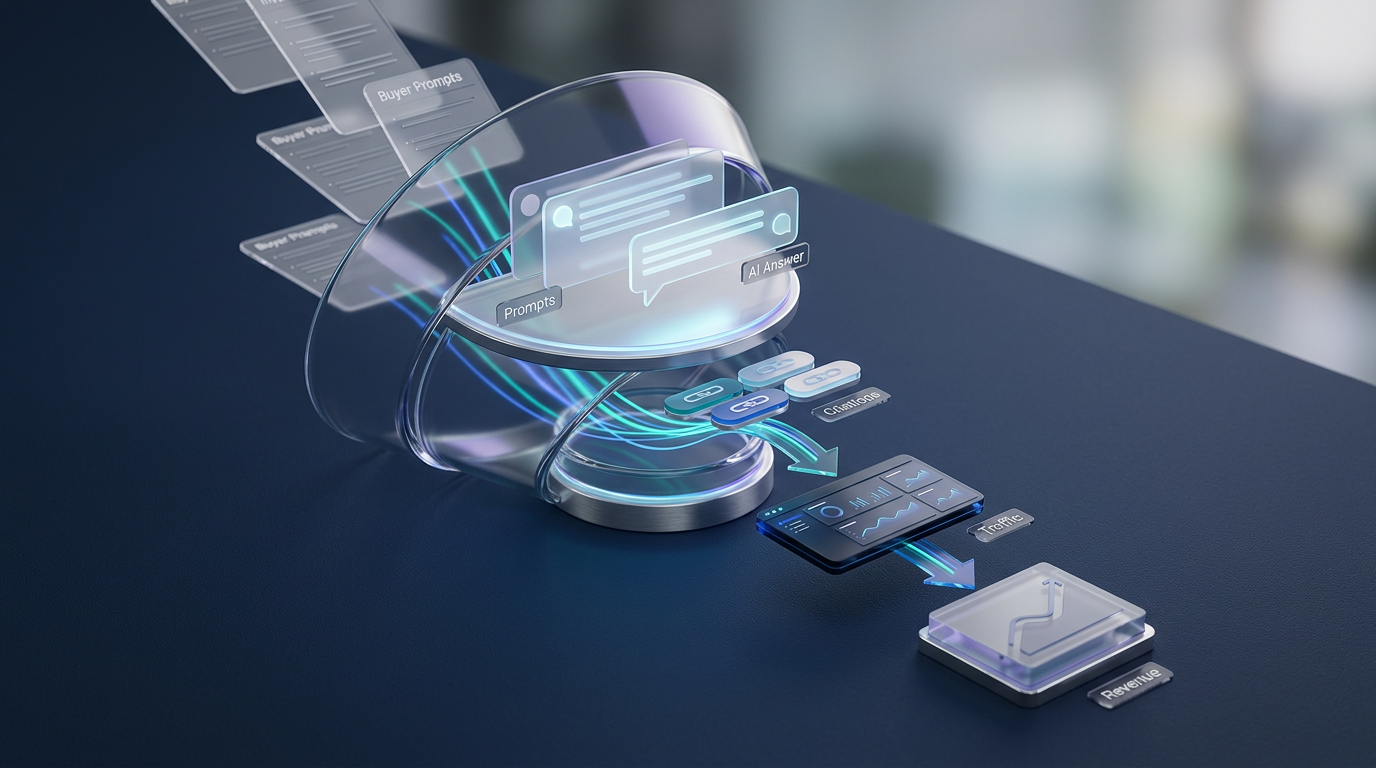 Photorealistic 3D glass funnel showing the flow from buyer prompts to AI answers, citations, website traffic, and revenue in deep navy, electric blue, and teal brand colors.