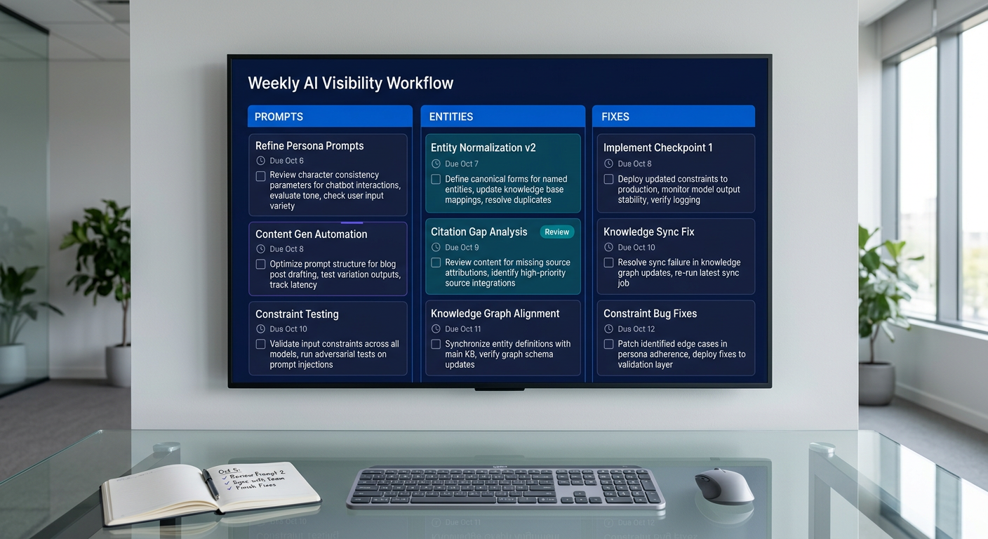 Photorealistic digital workflow board on a large display with columns for Prompts, Entities, and Fixes, filled with neatly typed task cards in deep navy, blue, and teal accents.
