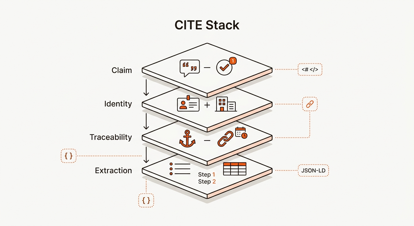 Stacked vector layers illustrating the CITE Stack—Claim, Identity, Traceability, Extraction—with icons for quotes/checkmark, ID/org, anchor/link, and list/table in brand colors.