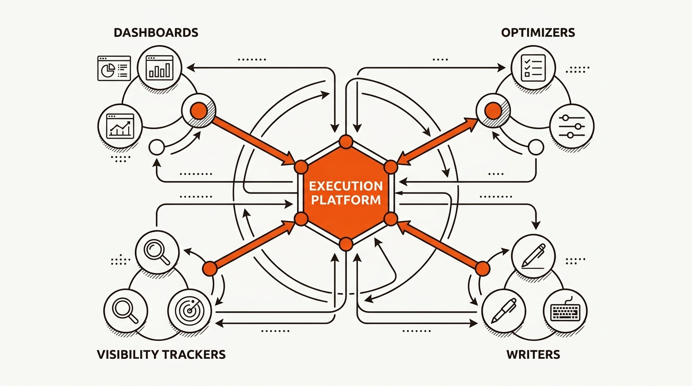 Minimalist vector diagram showing AI SEO categories—Dashboards, Optimizers, Writers, Visibility Trackers—orbiting a central Execution Platform hub with directional data flows, in brand colors orange, near-black, and off-white.