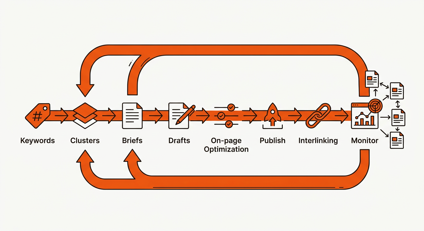 Minimalist vector pipeline moving from keywords and briefs to published, interlinked pages, with curved feedback loops returning insights to strategy, in orange, near-black, and off-white.