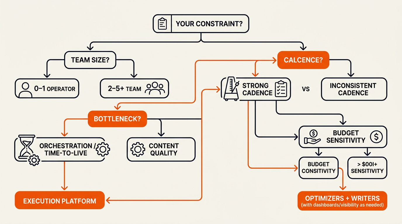 Minimalist vector decision tree guiding a startup to choose an execution platform versus stacking tools based on team size, cadence, bottlenecks, and budget, highlighted in brand orange.