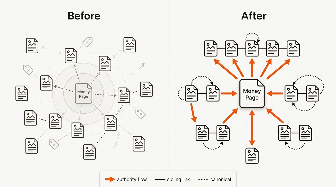 Side-by-side vector model comparing broken vs. disciplined internal linking: left shows scattered, orphaned posts with faint dashed lines; right shows a hub-and-spoke structure with bold orange arrows to the money page and clean sibling links.
