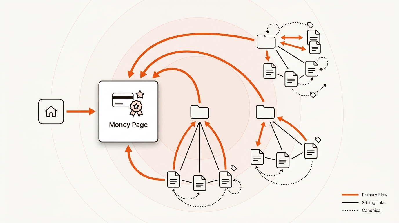 Minimalist vector diagram of startup blog SEO architecture: homepage to money page to clusters to posts, with orange arrows showing authority flow, dotted lines for canonicals, and thin black sibling links on an off-white background.