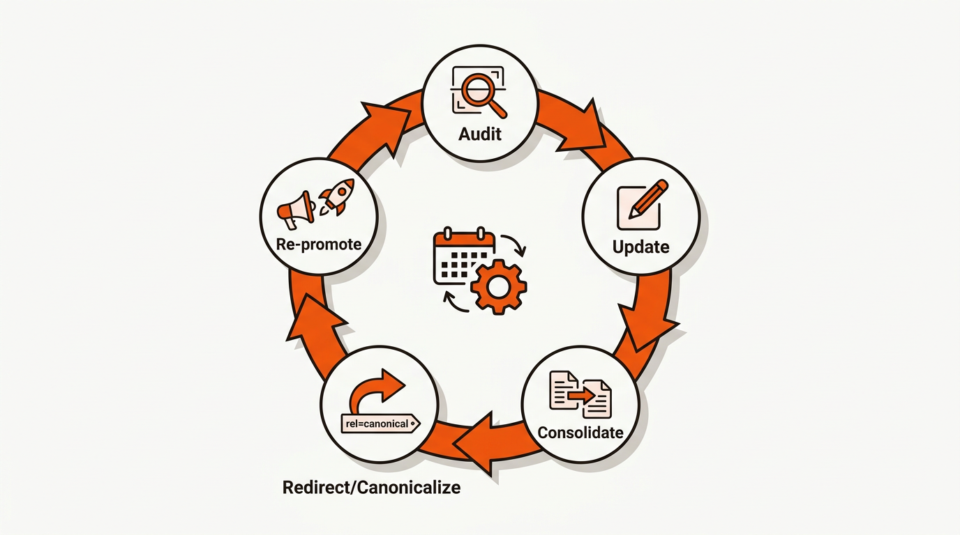 Minimalist circular flowchart showing a five-step SEO refresh loop: audit, update, consolidate, redirect/canonicalize, and re-promote connected by bold orange arrows on an off-white background.