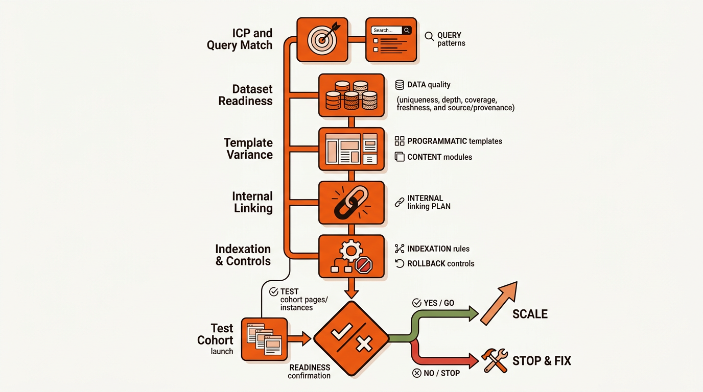 Minimalist vector flowchart showing programmatic SEO readiness gates—ICP fit, dataset quality, template variance, internal linking, and indexation—leading from a test cohort to either Scale or Stop, in Mergeflo brand colors.