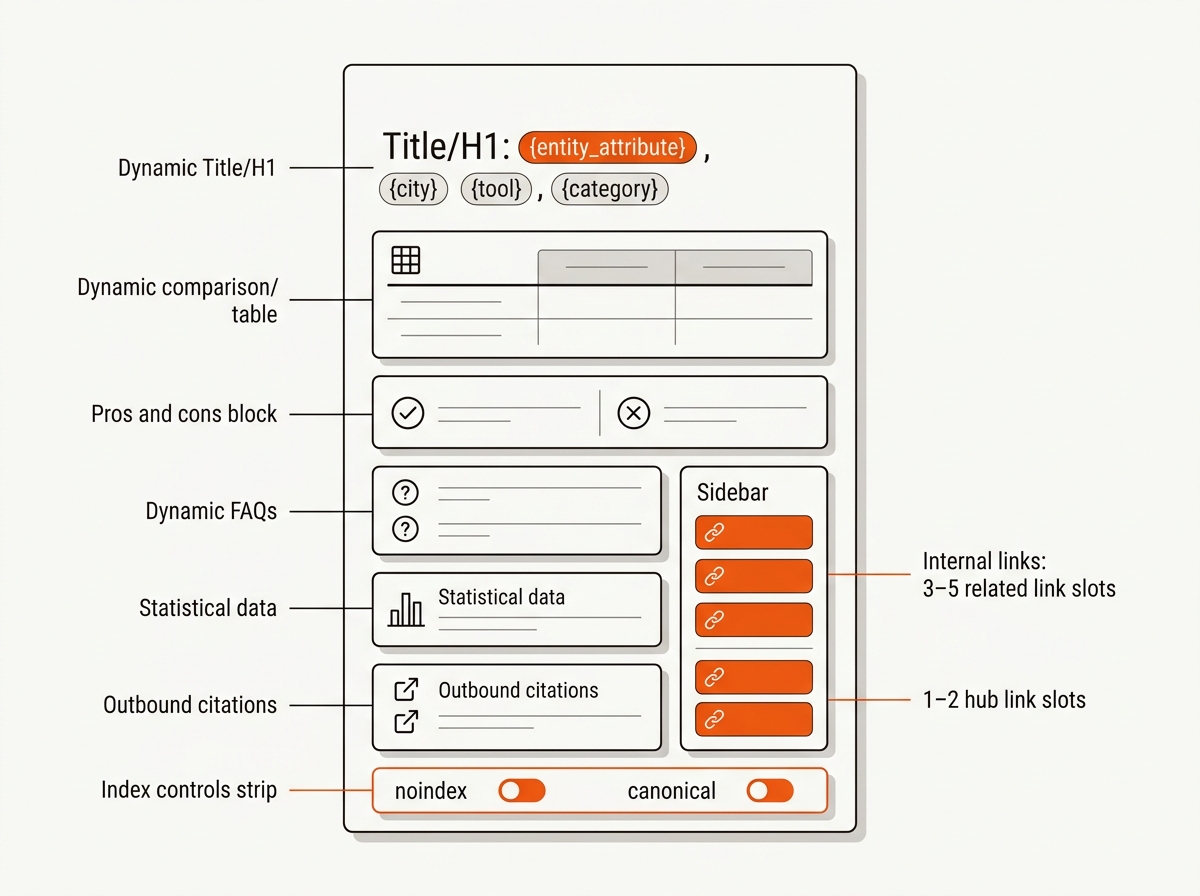 Vector wireframe of a programmatic SEO template showing dynamic title fields, comparison, pros/cons, FAQs, stats, outbound citations, internal related and hub links, plus noindex/canonical controls, in Mergeflo brand palette.