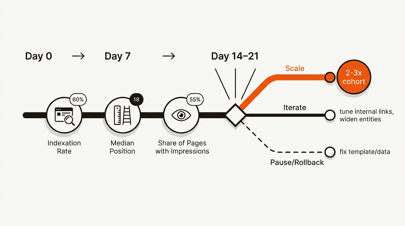Minimalist decision-tree timeline showing Day 0 to Day 14–21 metrics—indexation rate, share of pages with impressions, and median position—branching to Scale, Iterate, or Pause/Rollback paths, highlighted in Mergeflo brand colors.