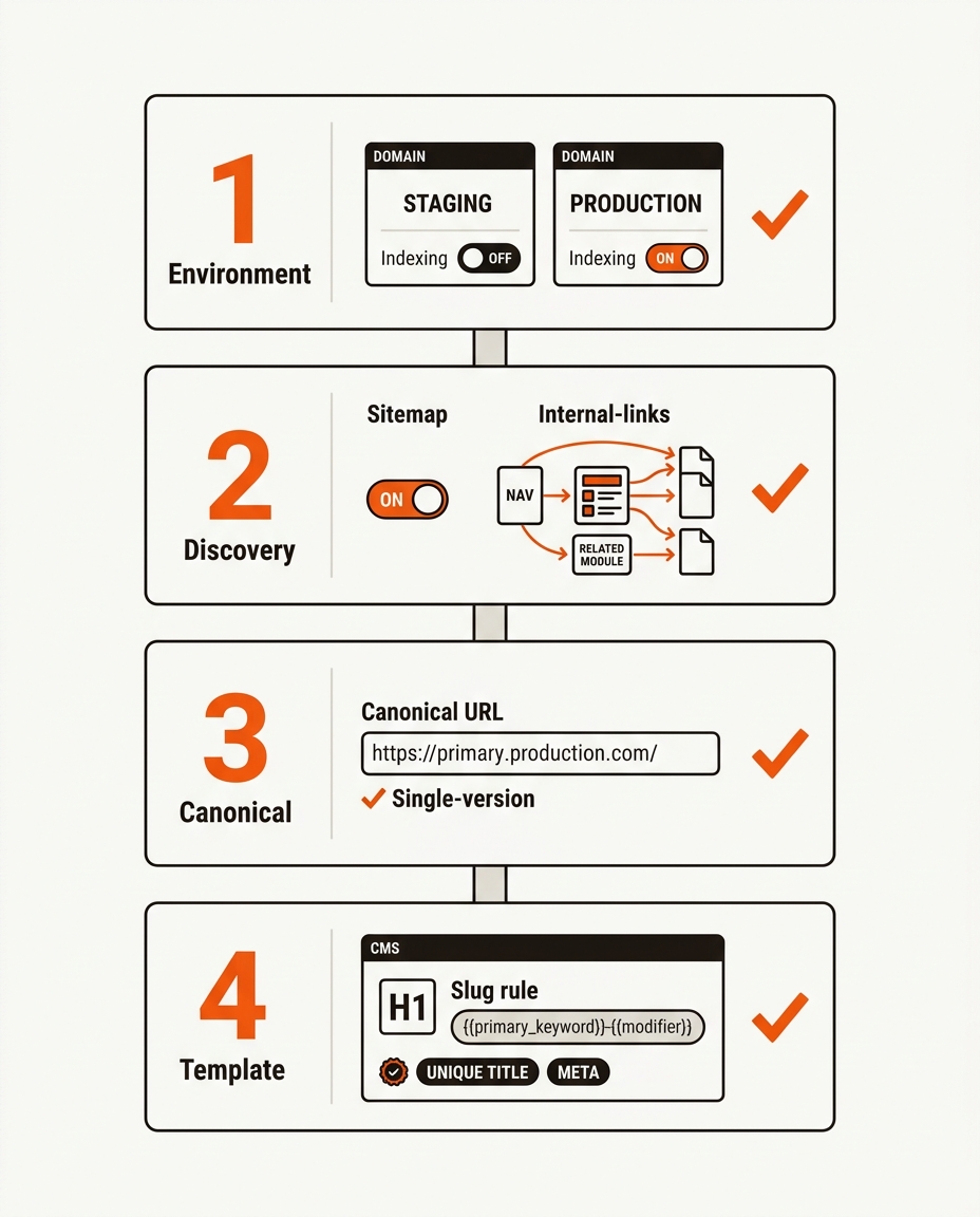 Four-step Indexing Gate Stack—Environment, Discovery, Canonical, Template—shown as clean vector UI cards with toggles, fields, and checkmarks.