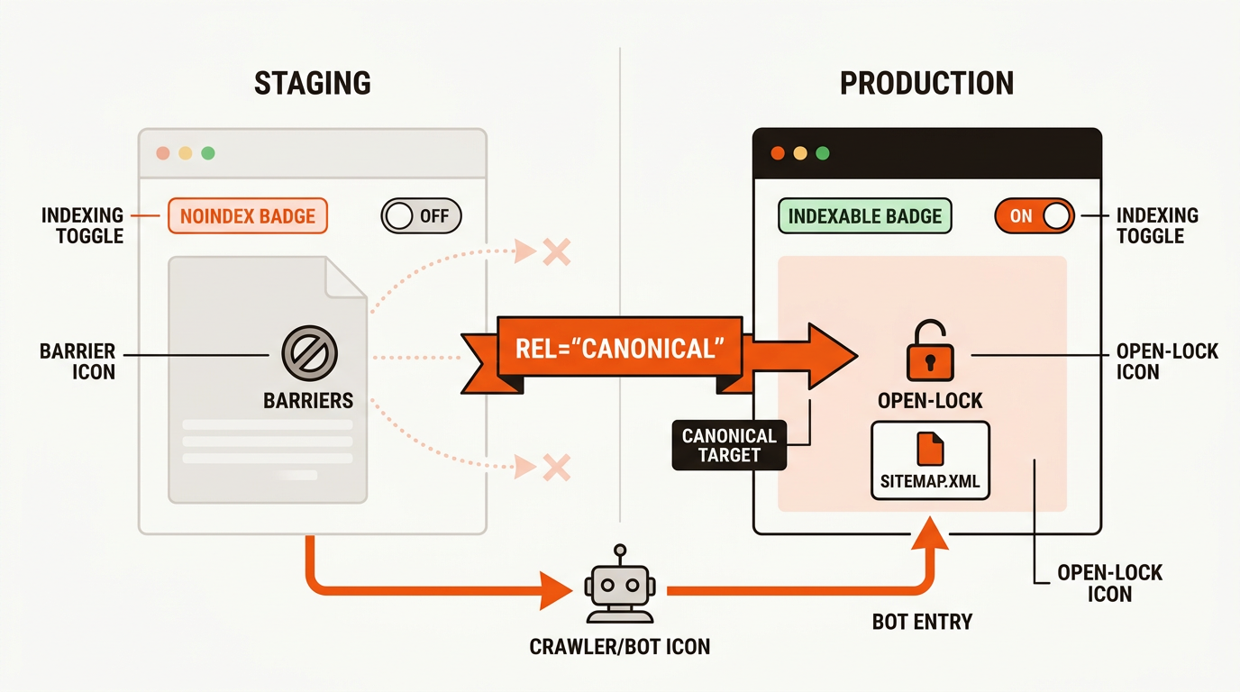 Minimalist vector diagram contrasting staging vs production, with staging marked noindex and a canonical pointing to the production URL.