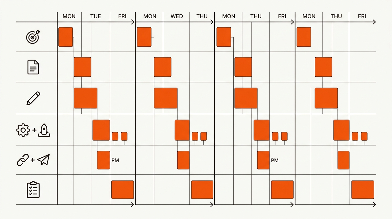 A minimalist vector Gantt‑style month timeline showing four repeating weekly blocks for prioritize, briefs, drafts, publish, interlink/distribute, and review, with orange bars marking the morning SEO work windows.
