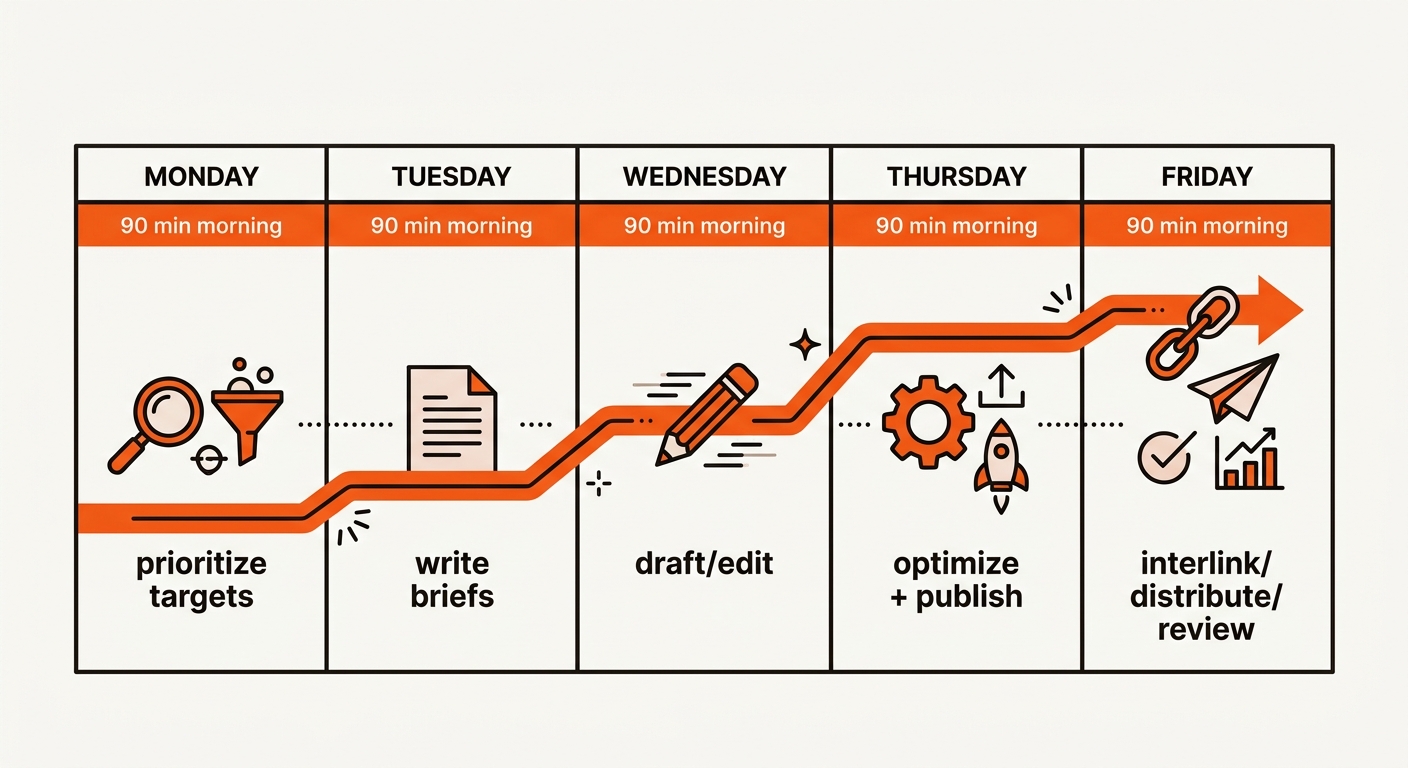 A minimalist vector weekly calendar showing a left‑to‑right SEO workflow from prioritize to brief, draft, publish, and interlink/review, highlighted by an orange progress path across Monday to Friday.