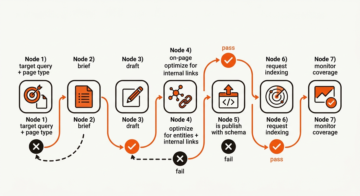 A minimalist vector flowchart showing the SEO pipeline from target query to brief, draft, optimize, publish with schema, request indexing, and monitor coverage, with check and X gate icons between stages.