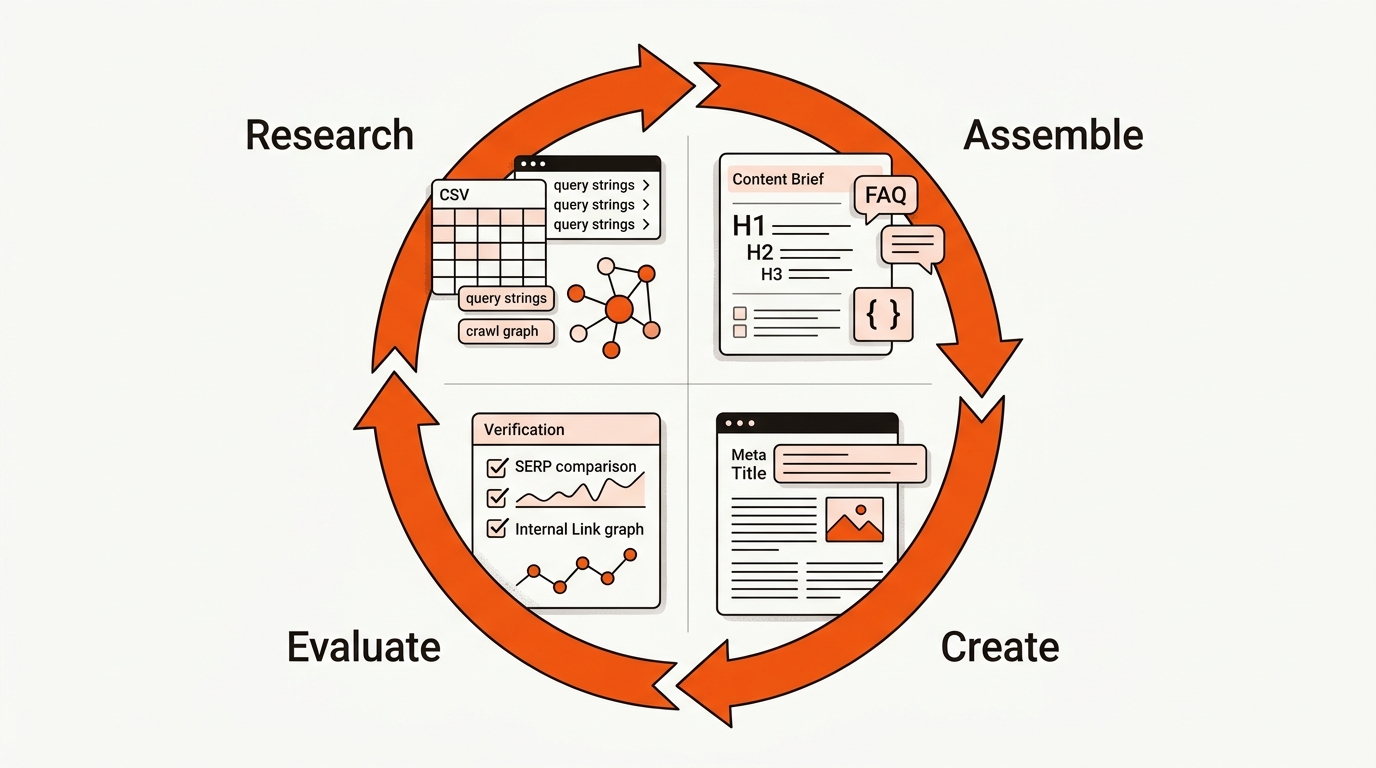 Minimalist vector diagram of the RACE Loop—Research, Assemble, Create, Evaluate—shown as a circular flow with SEO data and QA icons in Mergeflo brand colors.