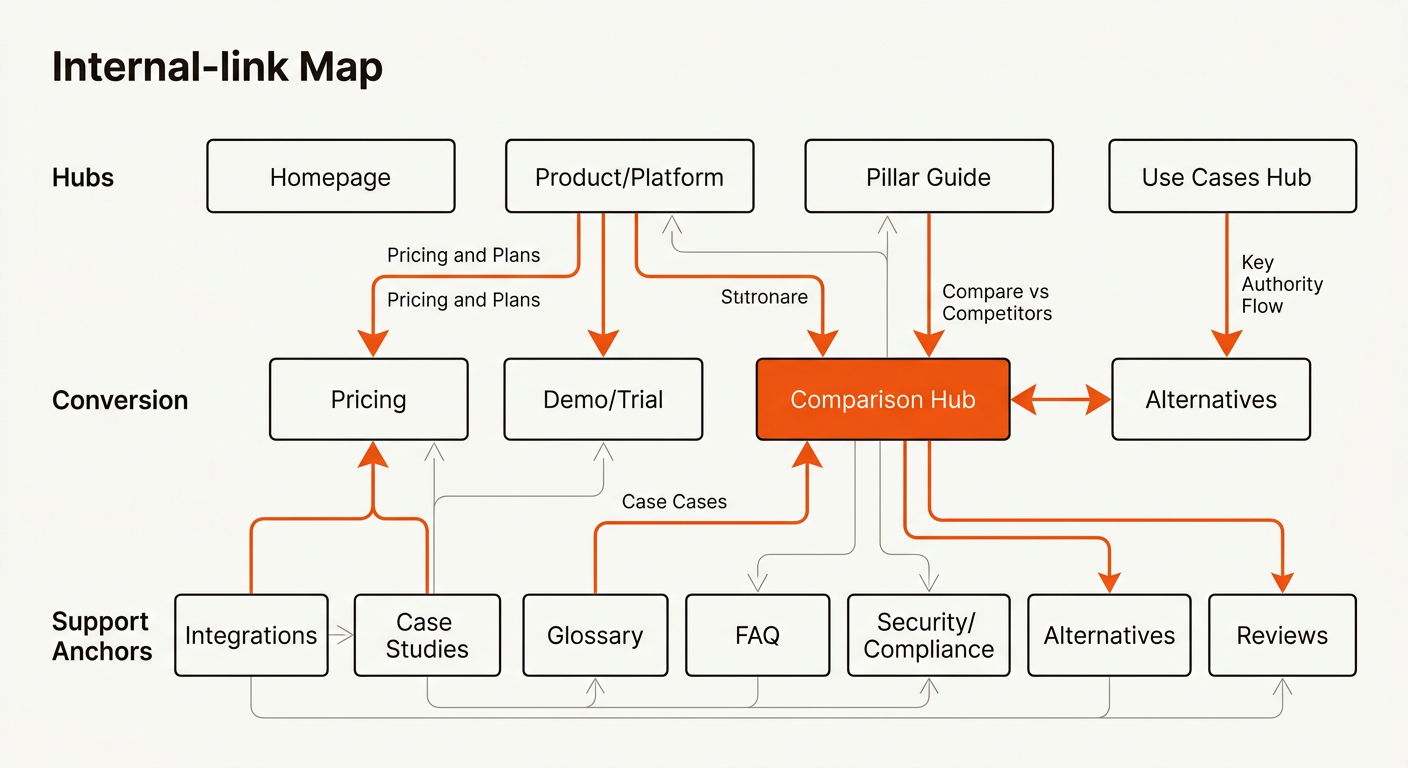 Internal linking flowchart with hubs feeding Pricing, Demo, and Comparison pages, plus lateral links to Alternatives, Integrations, Case Studies, Glossary, FAQ, Security, and Reviews.