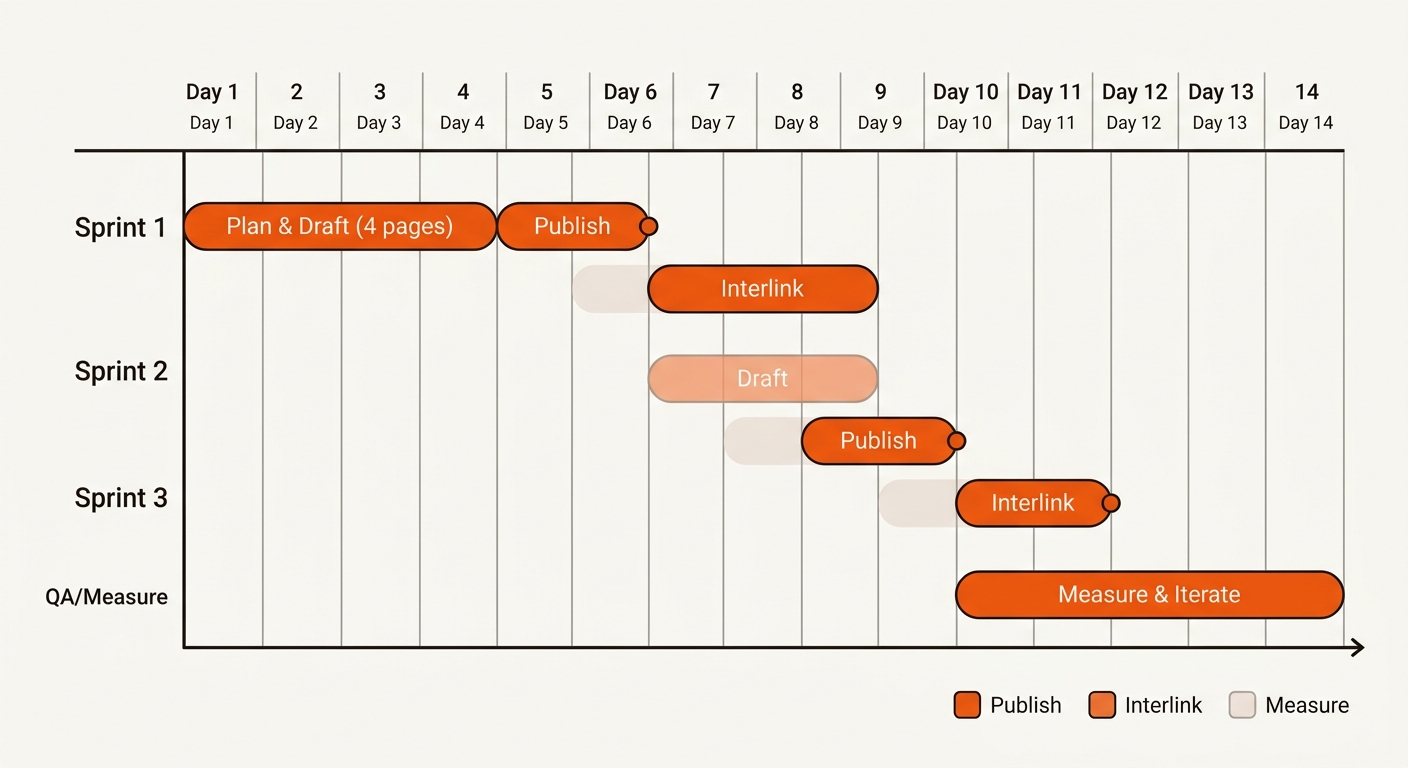 Simple 14‑day Gantt chart showing overlapping sprints with orange bars for Publish, Interlink, and Measure phases across Days 1–14.