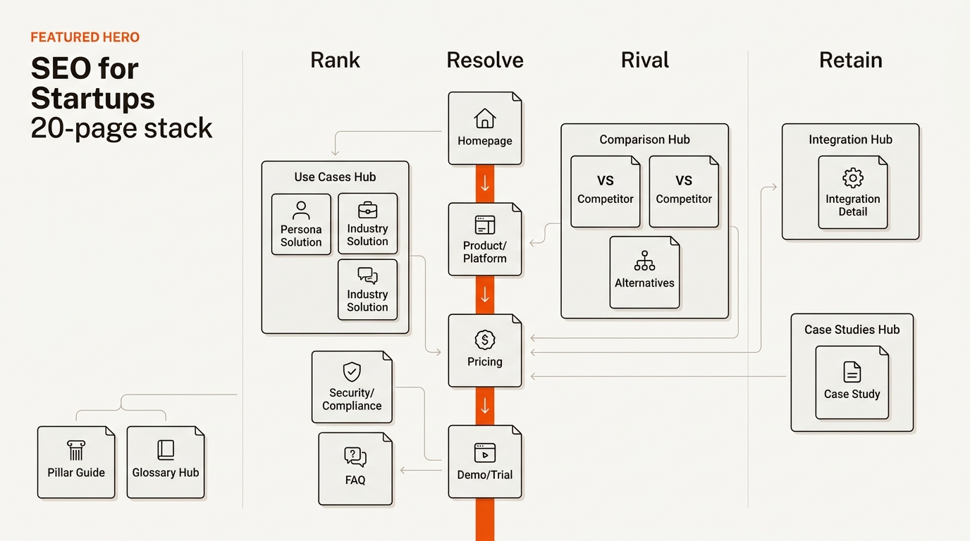 Featured overview diagram of a 20‑page SEO stack grouped into Rank, Resolve, Rival, and Retain lanes with a highlighted orange conversion spine connecting Homepage, Product, Pricing, and Demo.