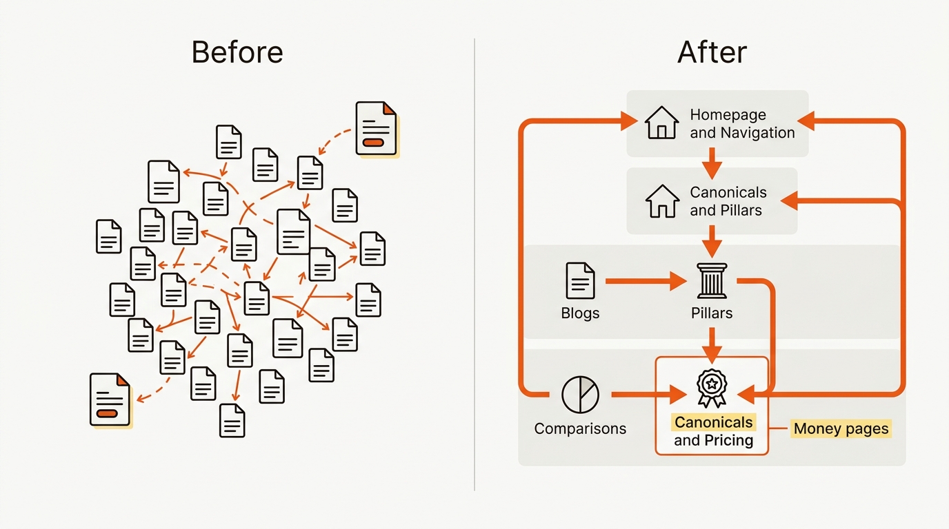 Split-screen hero diagram comparing a broken site architecture to a clean internal-linking loop, with bold orange arrows routing into highlighted money pages.