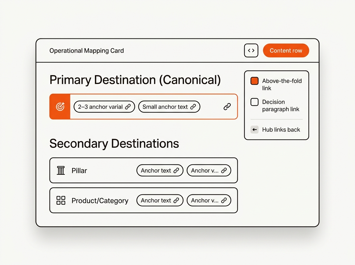 Minimal UI card mockup showing a blog assigned to a pillar and a canonical with anchor variant tags and a checklist for link placement.