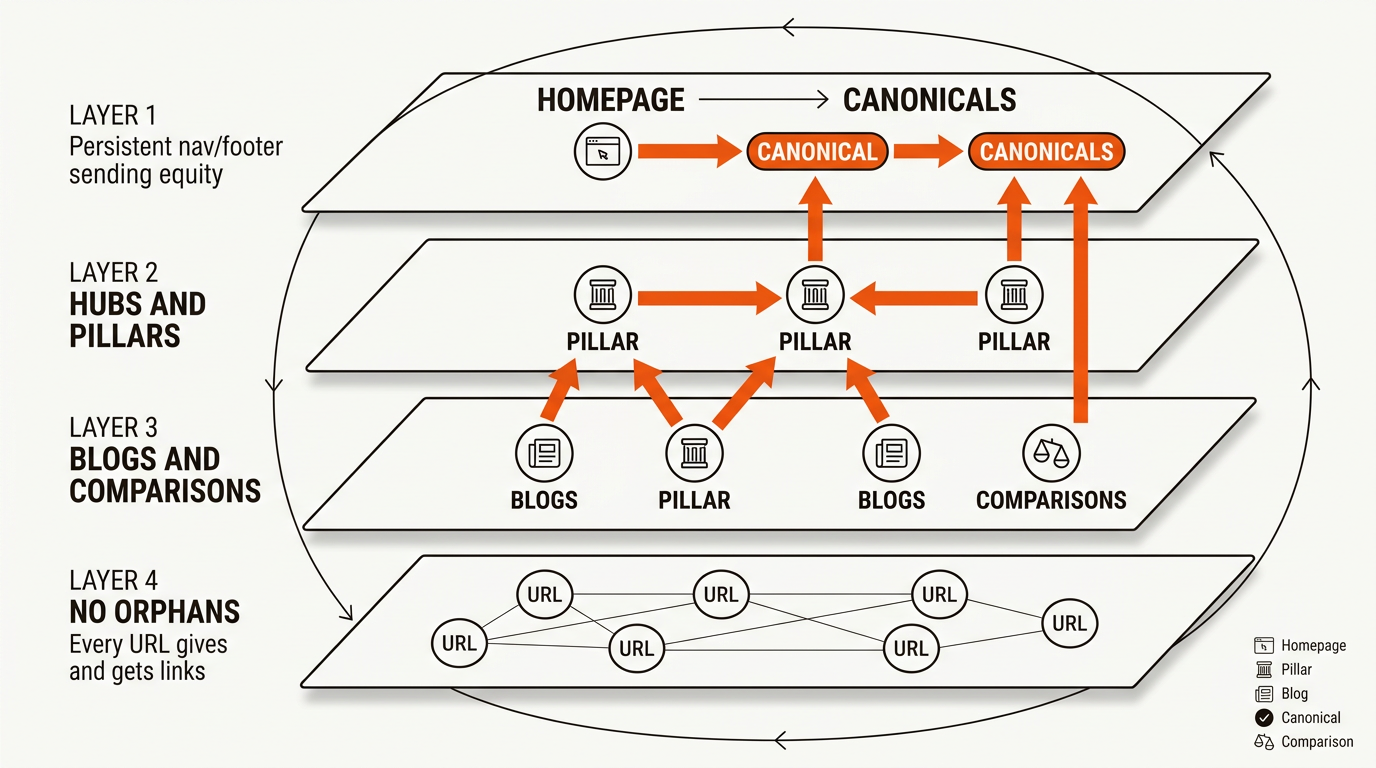 Four-layer internal linking diagram with stacked tiers and orange arrows showing flow from homepage and blogs through pillars into canonicals, wrapped by a no-orphans loop.