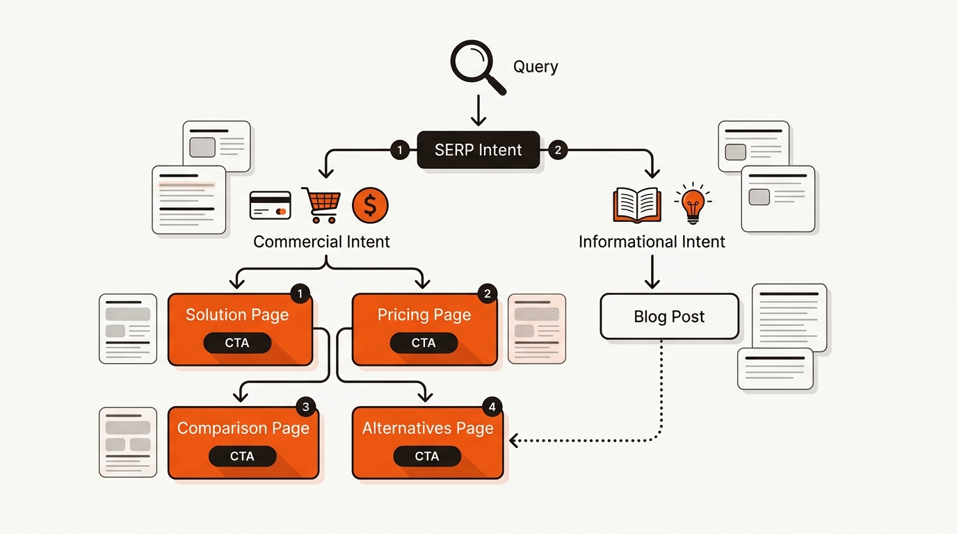 Decision tree showing how to choose between an SEO landing page and a blog post based on SERP intent, with commercial branches highlighting solution, pricing, comparison, and alternatives pages in the brand’s orange.