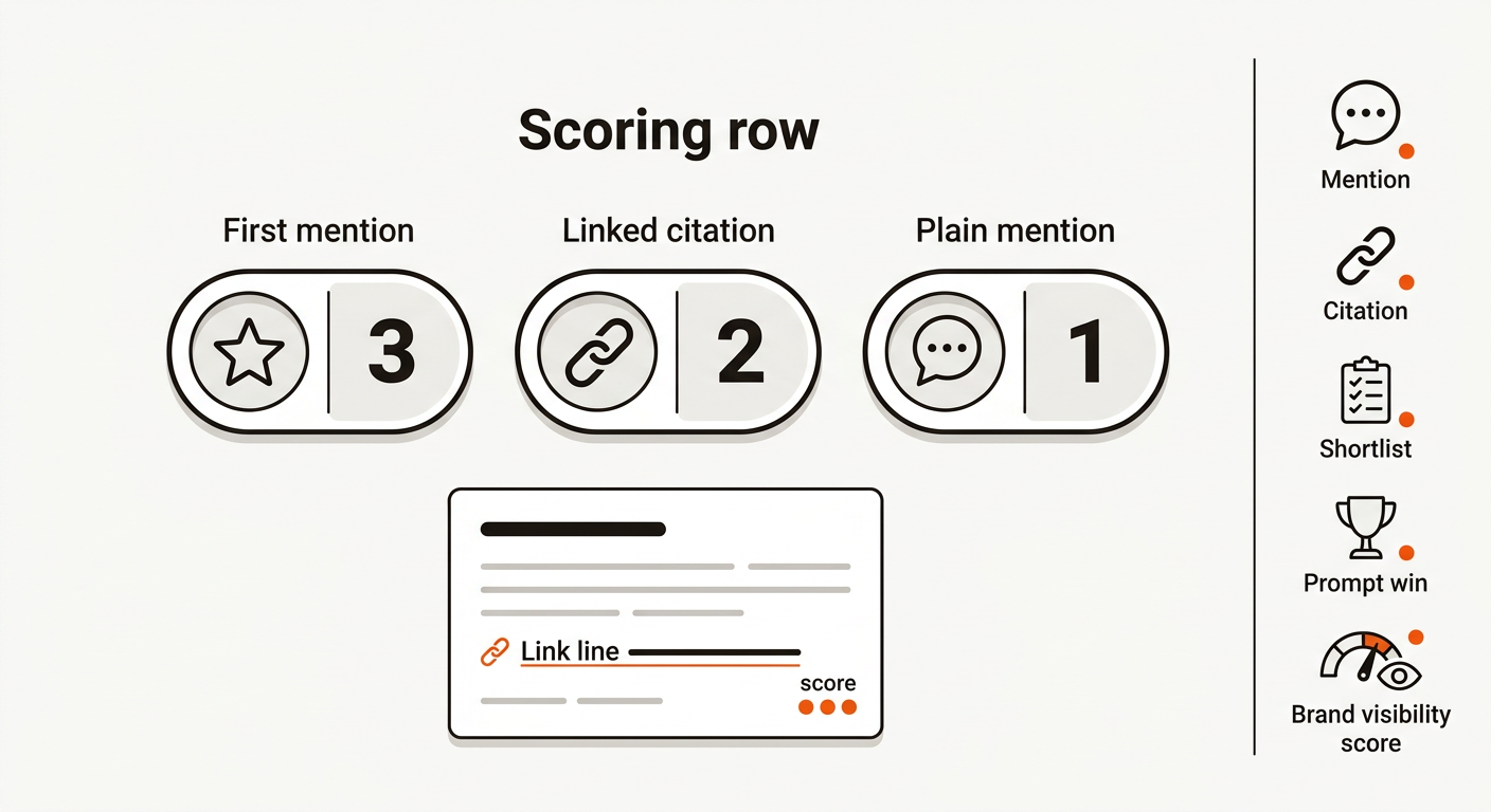 Minimalist vector metric overlay showing weighted badges for 3 points first mention, 2 points linked citation, and 1 point plain mention, with a small example answer tile and a simple icon legend.
