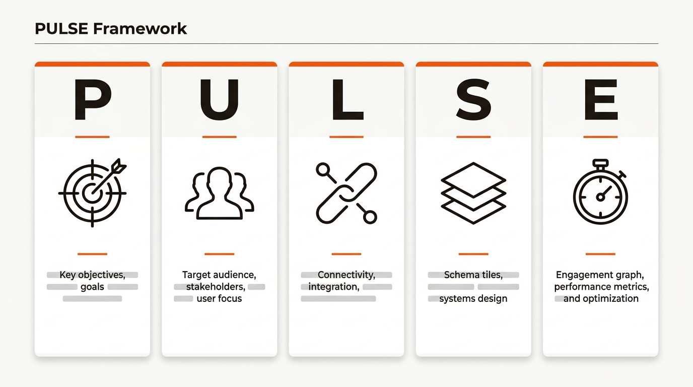 Five-column one-pager labeled P U L S E with simple icons and short caption bars under each letter, presented in a clean orange, near-black, and off-white vector style.