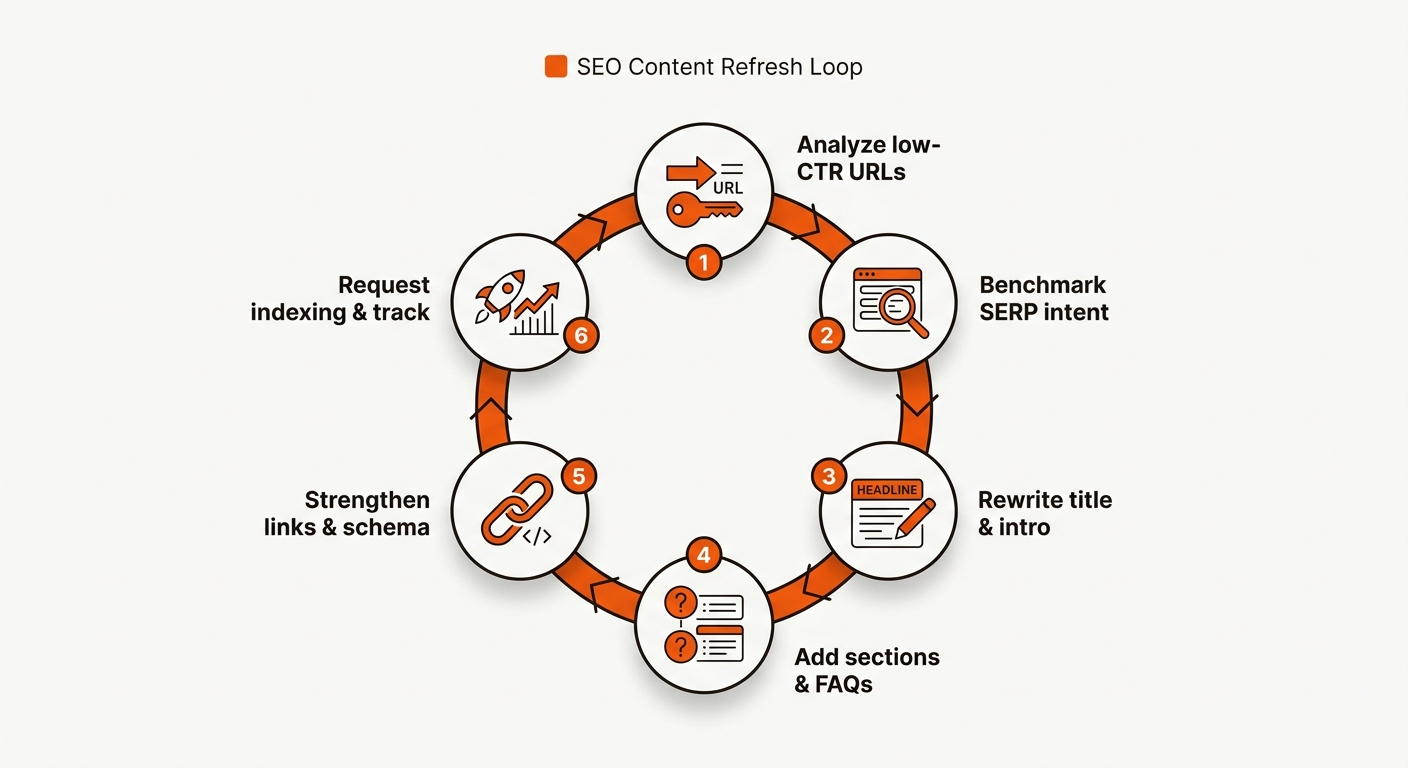 Circular 6-step loop diagram with labeled nodes for identify, benchmark intent, rewrite, add sections, strengthen links, and request indexing, using orange accents on a clean off-white background.