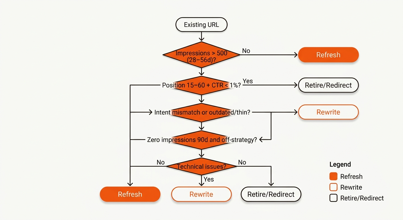 Minimal vector flowchart starting from 'Existing URL' with simple decision diamonds leading to clearly labeled outcomes: Refresh, Rewrite, or Retire/Redirect, using brand orange for emphasis.