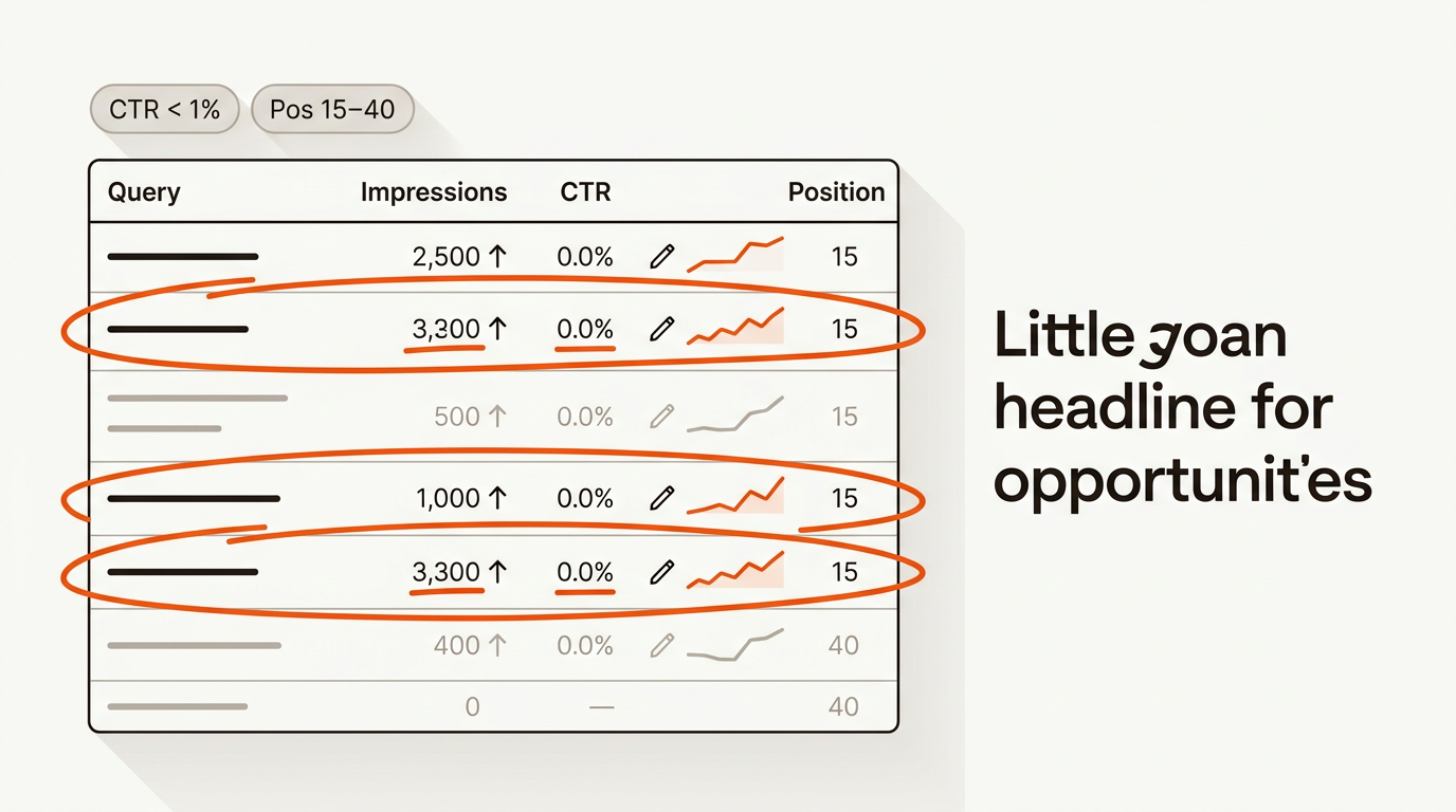 Minimalist vector hero showing a stylized search performance table with highlighted high-impression, low-CTR rows in orange and upward arrows indicating ranking recovery.