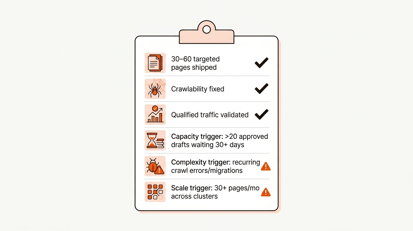 Minimalist vector checklist on a card with icons and checkmarks for pre-agency readiness items and alert markers for capacity, complexity, and scale triggers, using the brand’s orange, ink black, and soft cream palette.