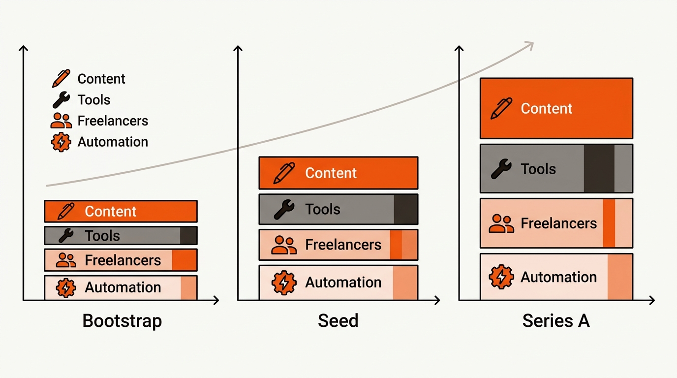 Minimalist vector hero diagram with three columns labeled Bootstrap, Seed, and Series A, each showing stacked budget bars for Content, Tools, Freelancers, and Automation, with an upward growth line across stages in brand colors.