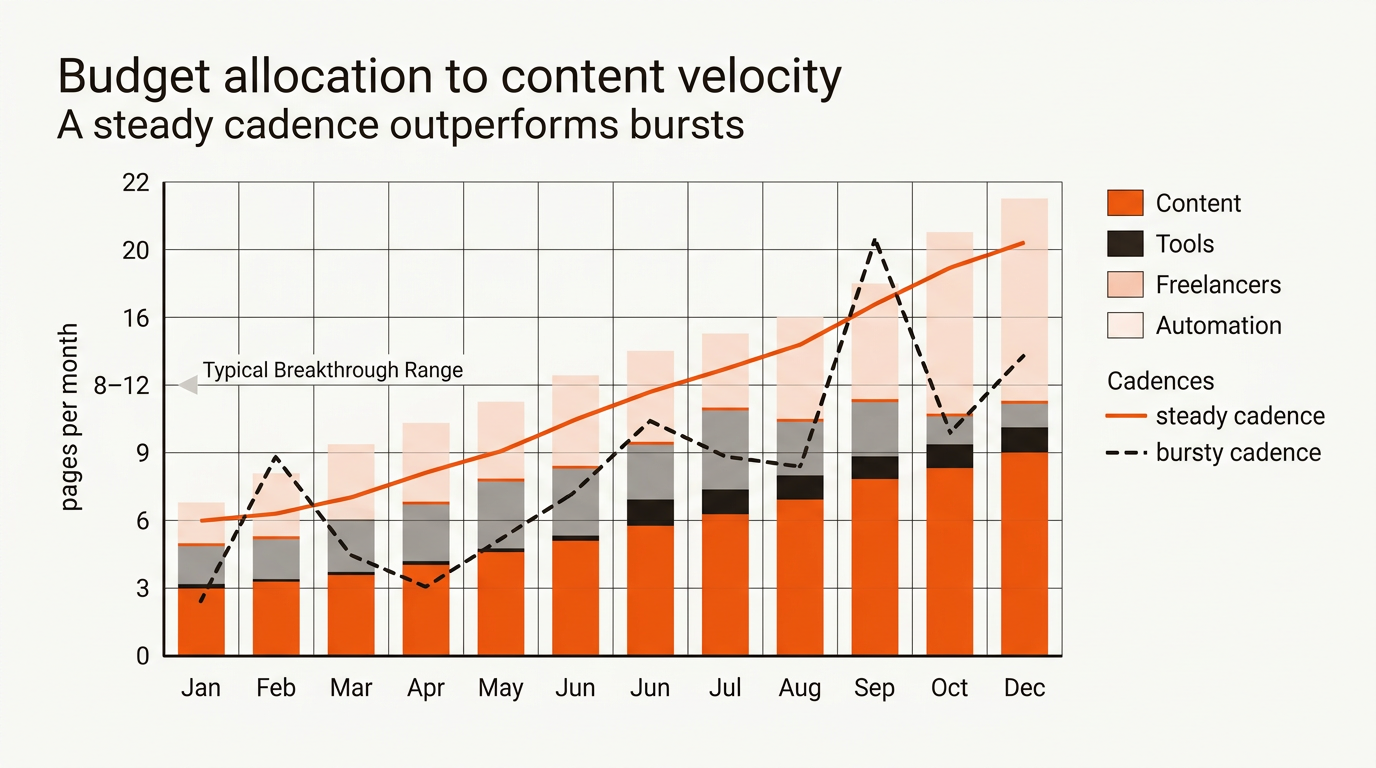 Minimal vector chart showing a smooth #f1560e line for steady publishing outperforming a jagged dashed line for bursts, with faint stacked bars behind each month indicating budget split across Content, Tools, Freelancers, and Automation.