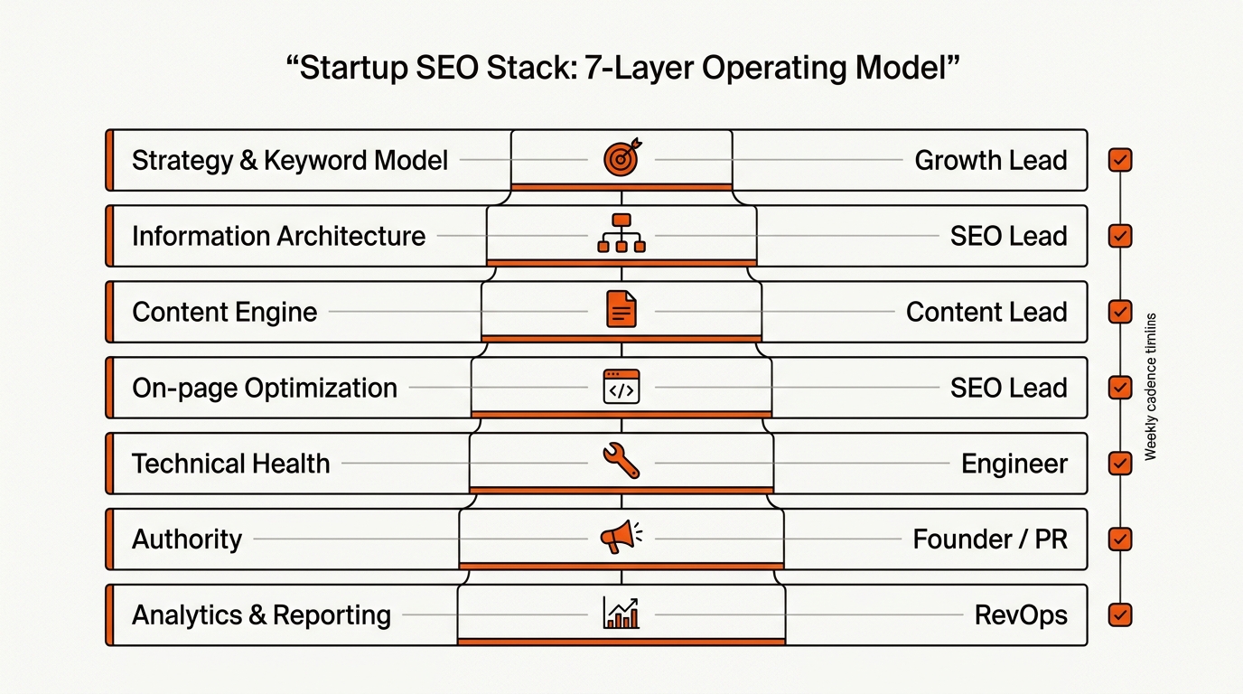 Hero diagram of a seven-layer Startup SEO Stack with each layer labeled and assigned to an owner, plus a weekly cadence timeline along the side.