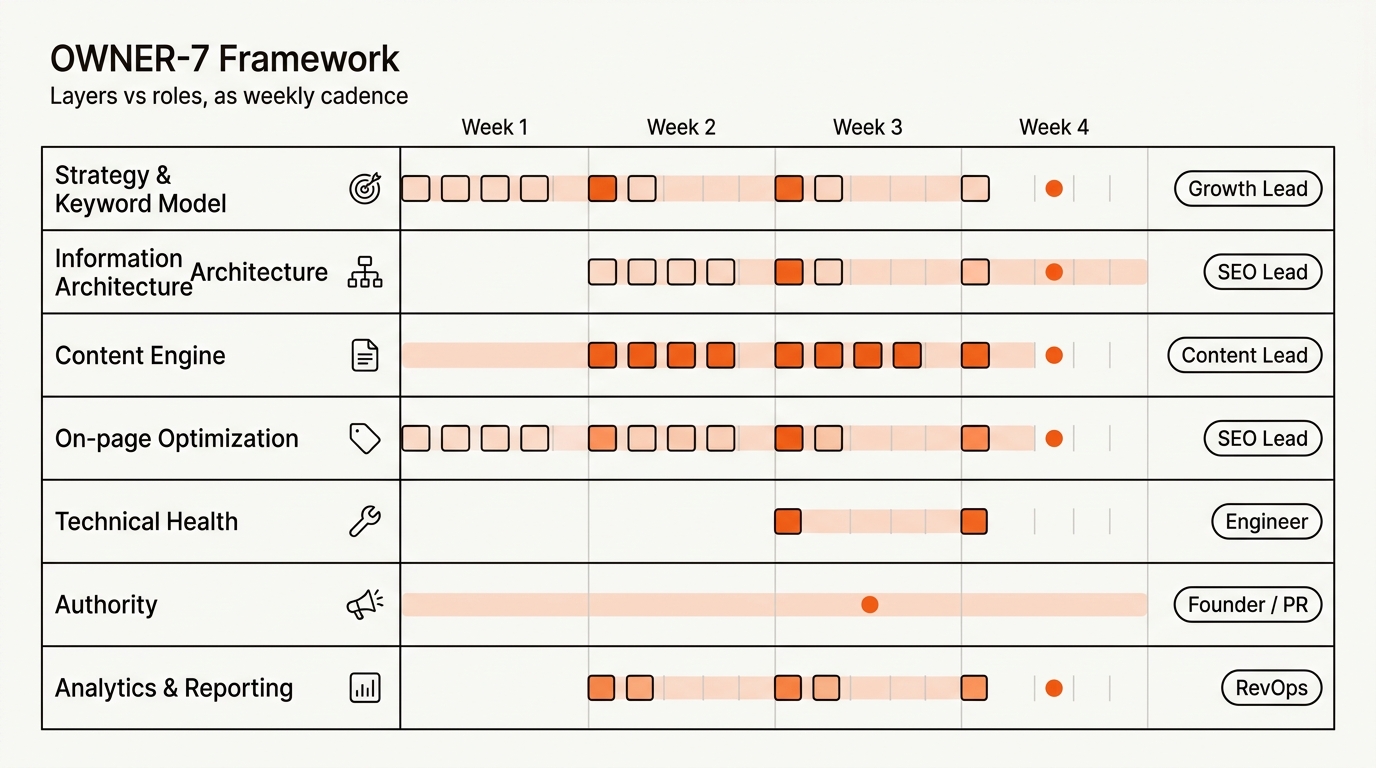 OWNER‑7 swimlane diagram mapping each SEO stack layer to its owner with weekly cadence markers across a horizontal timeline.
