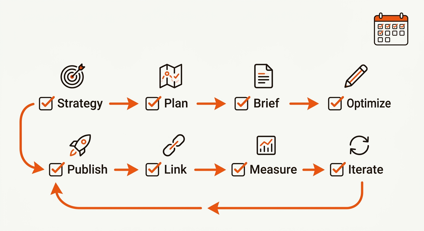 Minimal checklist flow diagram showing steps from Strategy through Publish to Measure, with a loop back to Strategy and checkmarks indicating a weekly shipping process.