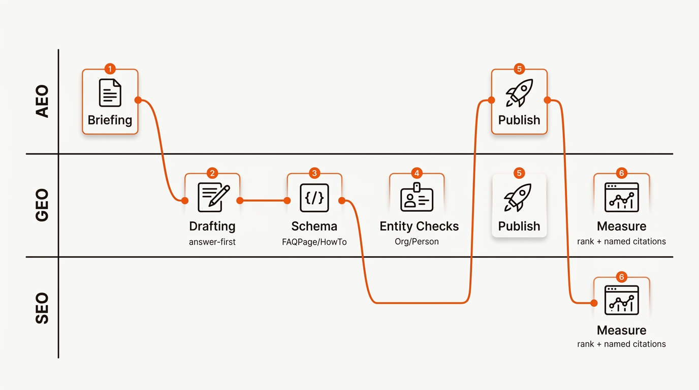 Three-lane horizontal swimlane diagram for AEO, GEO, and SEO showing the flow through briefing, drafting, schema, entity checks, publish, and measurement in brand colors.