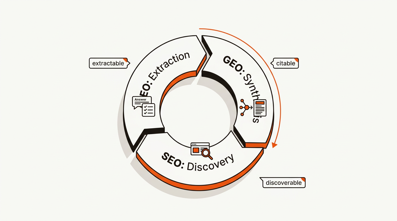 Minimalist vector loop diagram unifying AEO (extraction), GEO (synthesis), and SEO (discovery) in a three-segment ring with simple icons and brand colors.