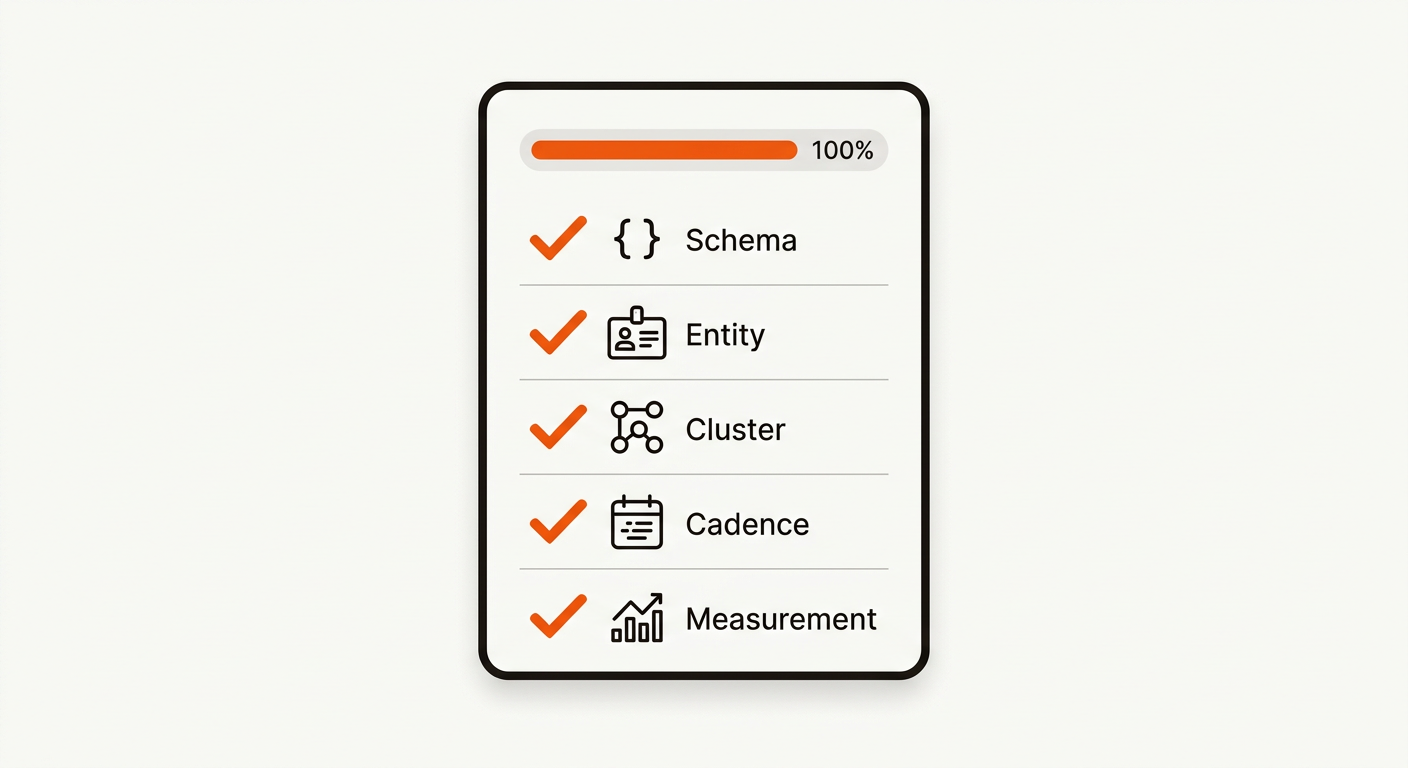 Minimalist vector checklist card with five checked items, schema, entity, cluster, cadence, measurement, styled in brand orange, near-black ink lines, and an off-white background.