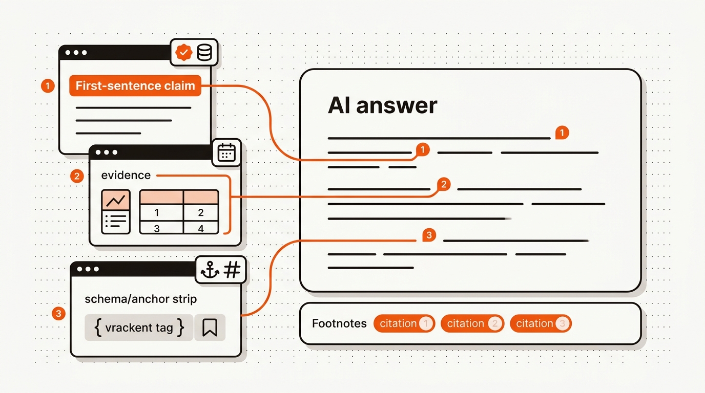 Minimalist vector hero showing an AI answer card with inline citation markers and footnotes connected by orange lines to source pages featuring claims, evidence blocks, schema, and anchors, in Mergeflo brand colors.