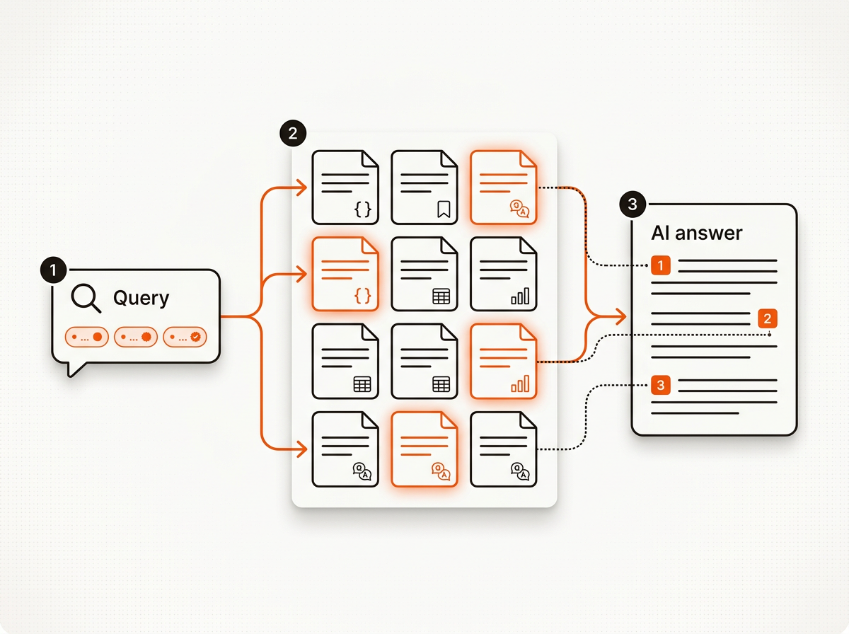 Minimalist vector flow from a user query to highlighted grounding chunks and onward to an answer card with numbered citations, using icons for schema, anchors, evidence, and FAQs in Mergeflo colors.