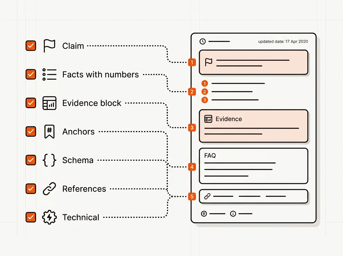 Vector worksheet mapping a checklist of claim, facts, evidence, anchors, schema, references, and technical items to a web page wireframe via dotted connectors, in Mergeflo brand colors.