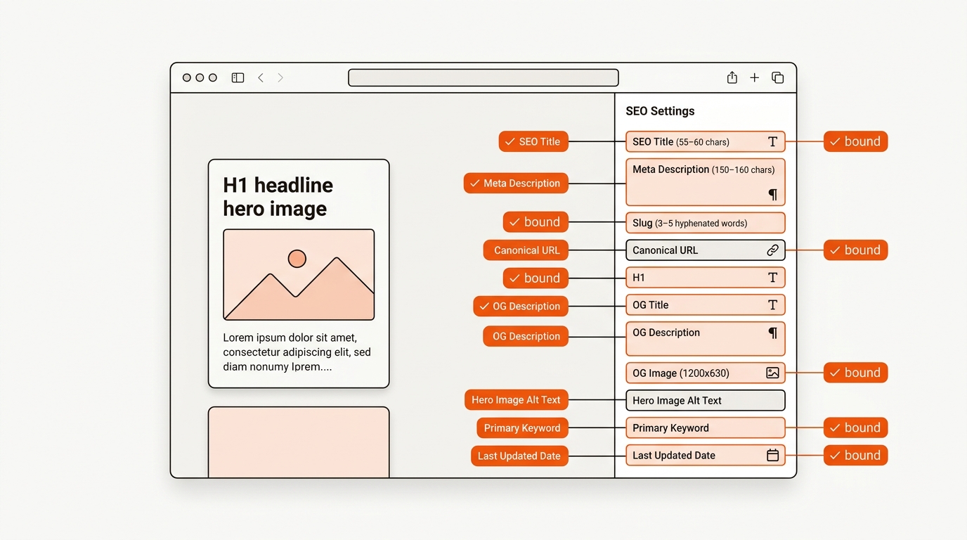 Annotated vector UI of a CMS template highlighting bound SEO fields including title, meta description, slug, canonical URL, H1, and Open Graph metadata.