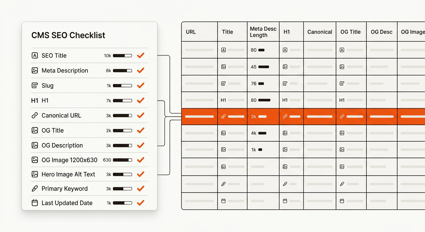Vector split view of an 11-point SEO checklist with checkmarks beside a crawler-like export table confirming titles, meta descriptions, H1s, canonicals, and OG fields are correctly bound.