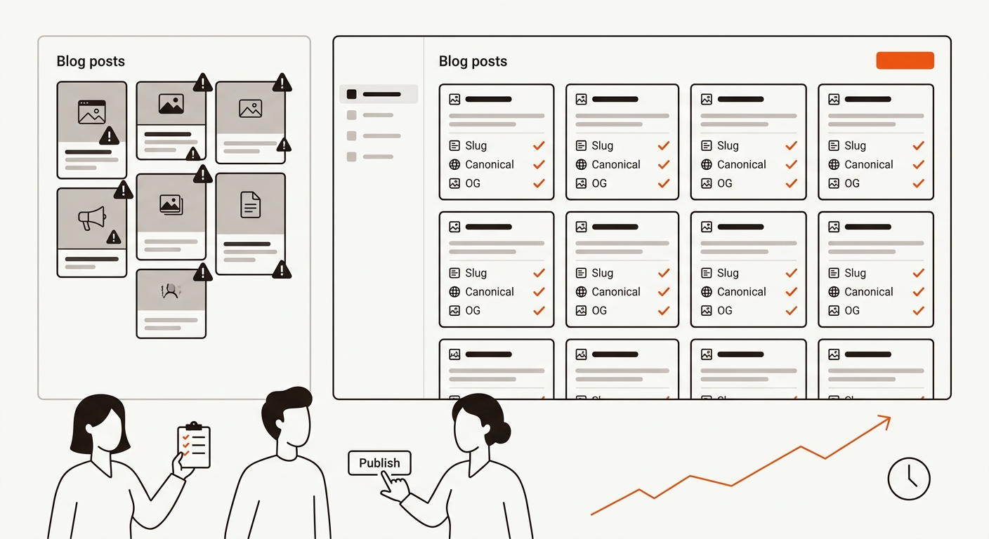 Conceptual vector showing a startup team moving from messy, manual posts to a clean, template-driven dashboard with SEO checkmarks and an upward trend line.