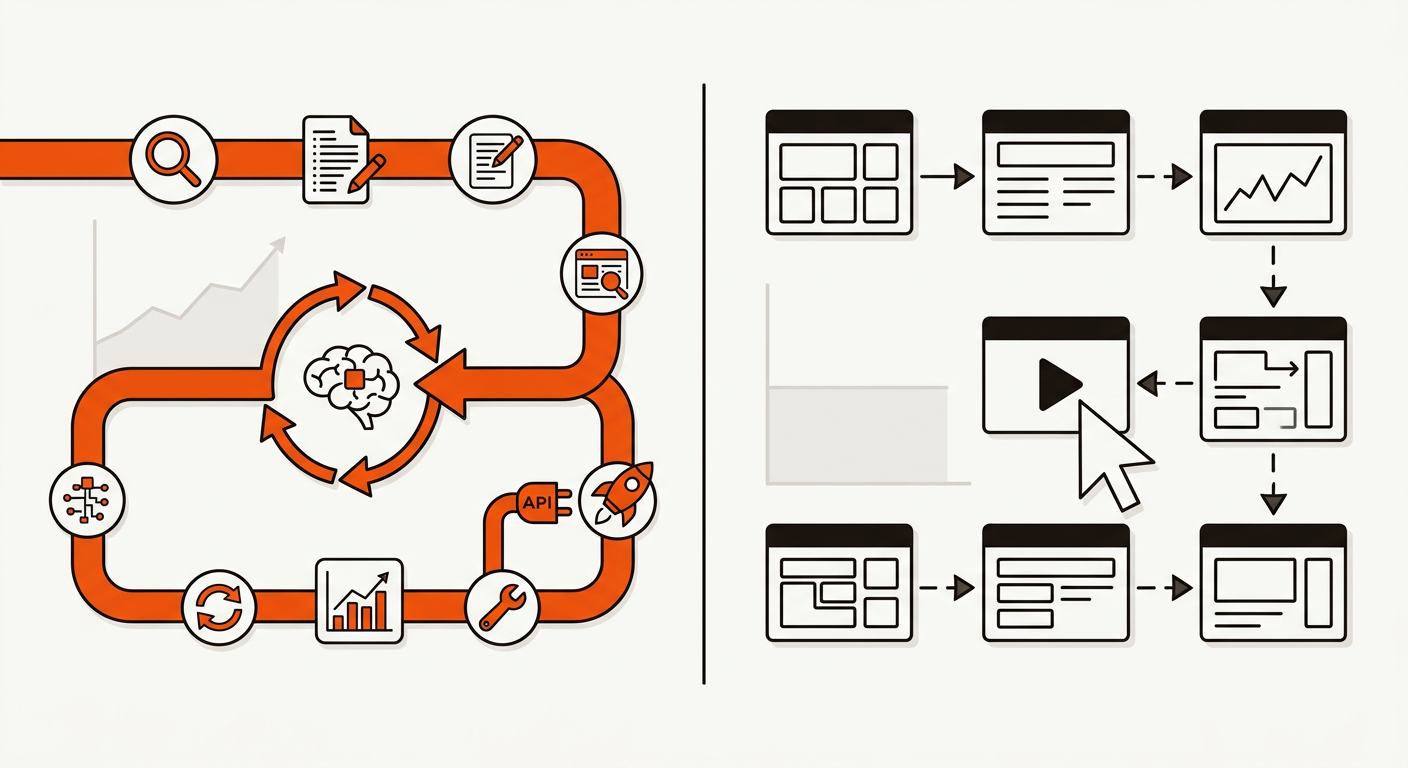 Split illustration: a smooth orange closed-loop agent pipeline on the left versus fragmented, click-driven dashboards on the right, highlighting the difference between agentic SEO and scripted automation.