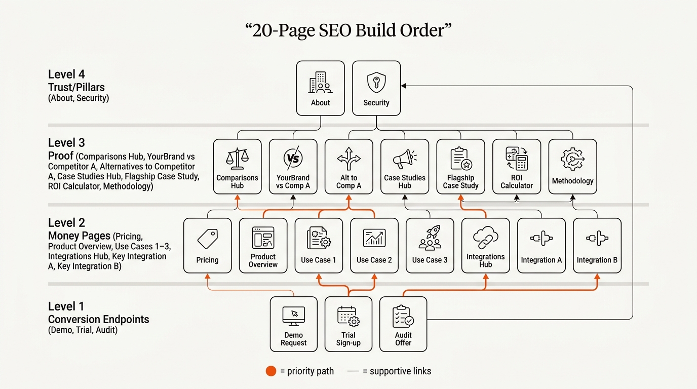 Minimalist vector funnel ladder mapping 20 SEO pages by intent, from conversion endpoints at the base to money pages, proof, and trust at the top, using brand orange and near-black on an off-white background.