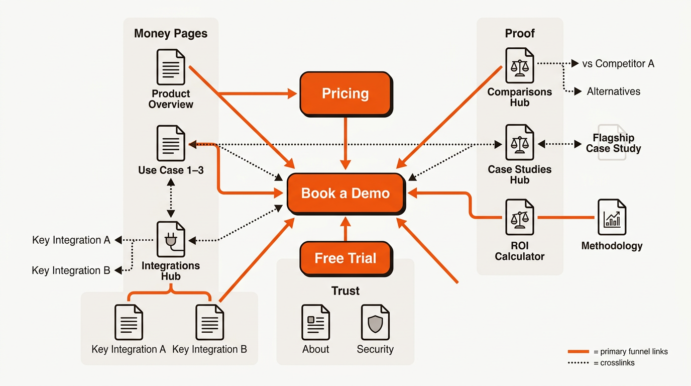 Vector hub-and-spoke map showing Pricing, Book a Demo, and Free Trial as central hubs, with money, proof, and trust pages linking to them via bold orange arrows and dotted near-black crosslinks.