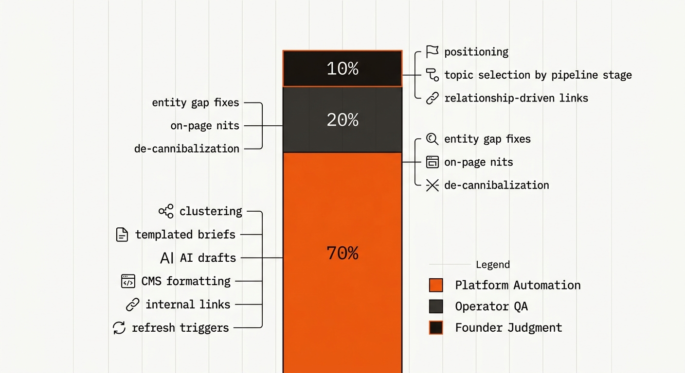 Stacked bar infographic showing the 70-20-10 SEO ownership split: 70% Platform (automation tasks), 20% Operator QA, 10% Founder judgment, with minimalist icon callouts on an off-white background.
